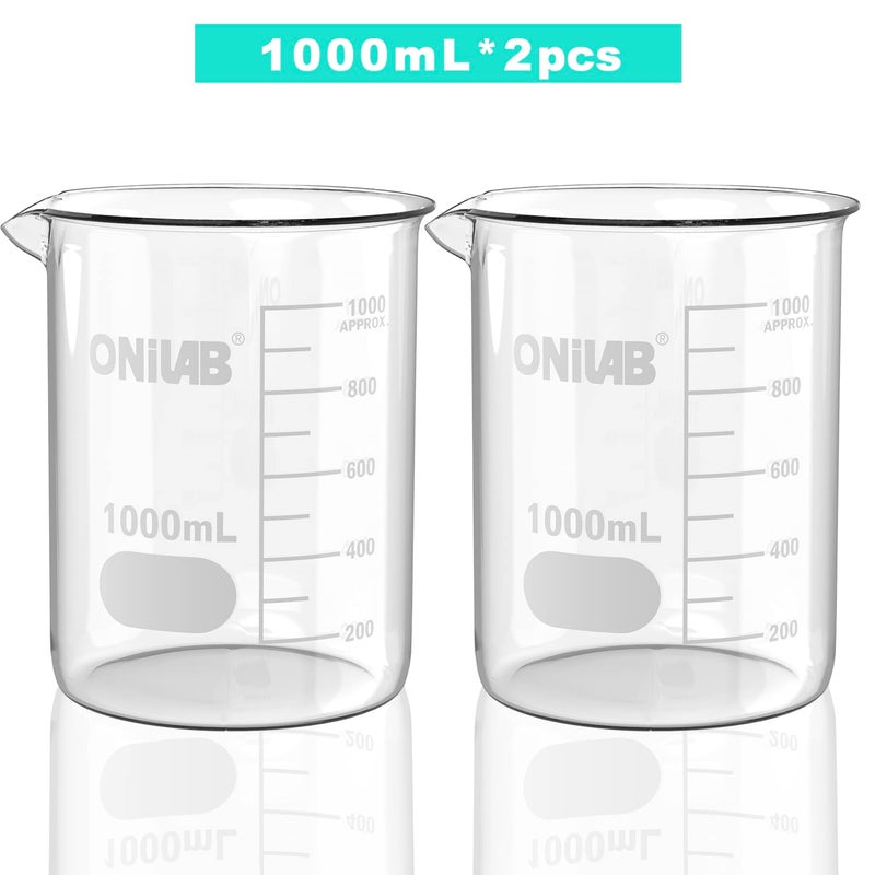 ONiLAB Scientific Griffin Low Form Glass Beaker, 2pcs Vol.1000ml, 3.3 Borosilicate Glass, Printed Graduation 13900248… - Image 1